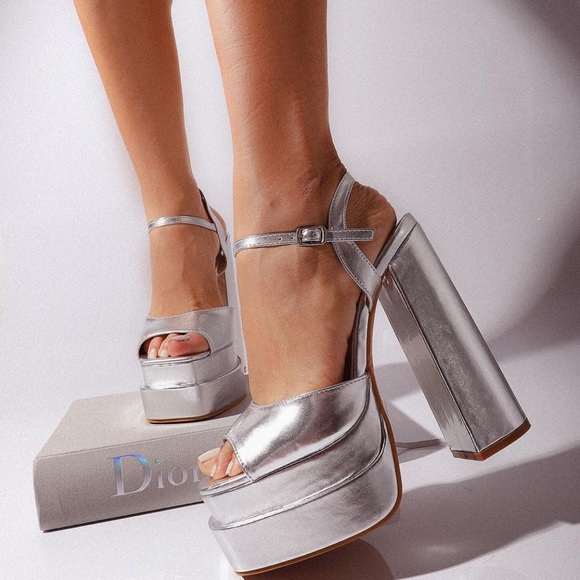 Silver Double Platform Block High Heels - Picture 6 of 10